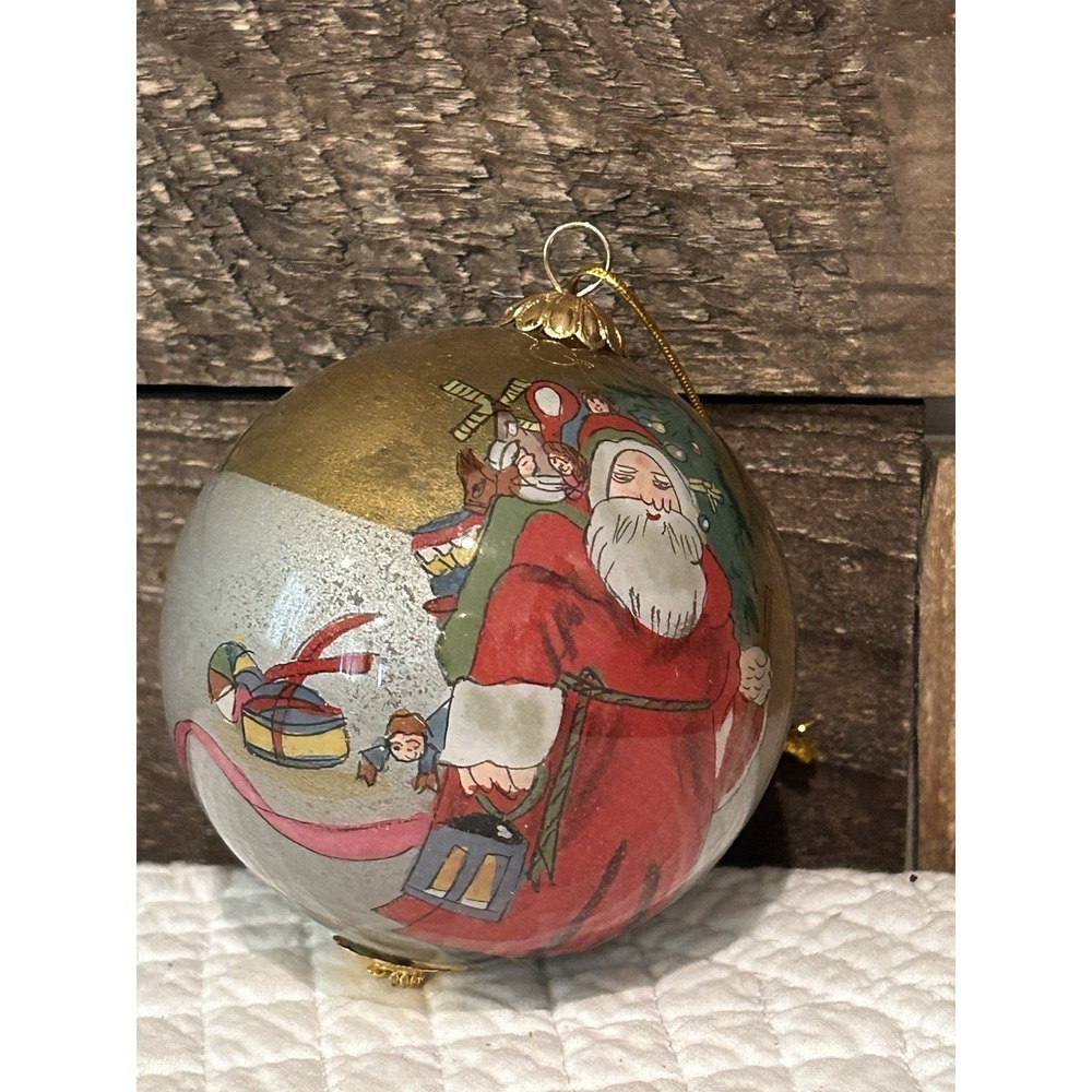 Li Bien vintage Santa W Children Glass Ornament Hand‎ Painted Inside 1998